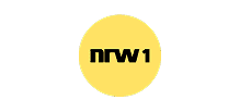 NRW 1 Logo, öffentlich-rechtlicher Fernsehkanal in Nordrhein-Westfalen, Deutschland, prominent auf gelbem Hintergrund.