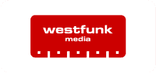 Westfunk Media Logo, modernes corporate Logo für Westfunk Media mit rotem Hintergrund und weißem Text, repräsentiert professionelle Medien- und Kommunikationsdienste.