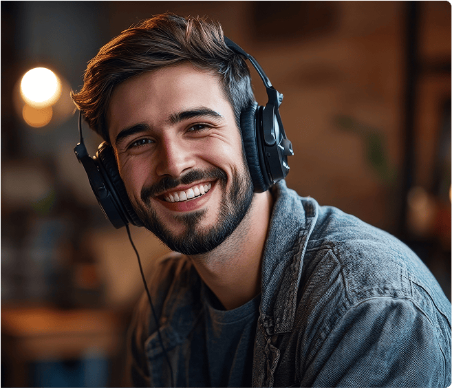 Lächelnder junger Mann mit Headphones beim Musik hören in einem gemütlichen Raum.