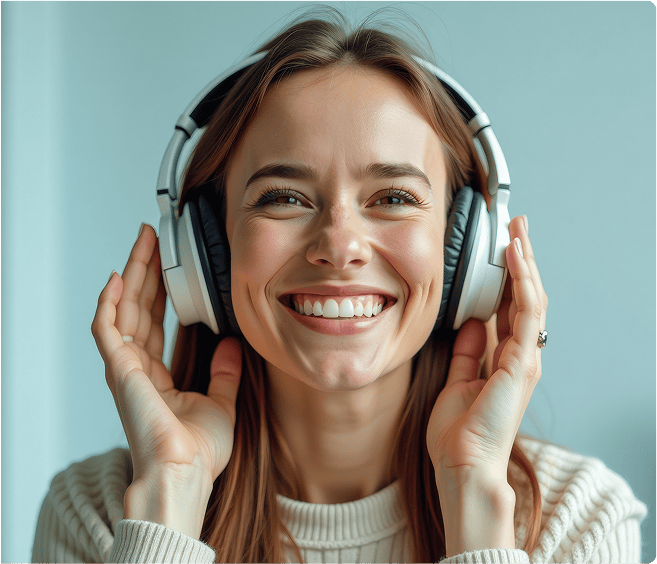 Lächelnde junge Frau trägt Kopfhörer, genießt Musik, sitzt entspannt, fröhliche Stimmung, kreative Freizeitgestaltung, modern, lifestyle, junge Erwachsene, technologie, Genuss, Musikliebhaber, Freizeitaktivität.