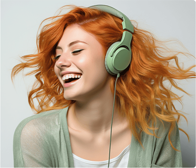 Blonde frau mit roten haare, die glücklich mit kopfhörer hört, umgeben von einem hellgrauen hintergrund, lifestyle und musik, modernes fotografisches bild.