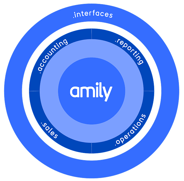Blaue Kreisdiagramme mit Begriffen wie "Interfaces", "Reporting", "Operations", "Sales", "Accounting" und "Interfaces" rund um die zentrale Bezeichnung "Amily".