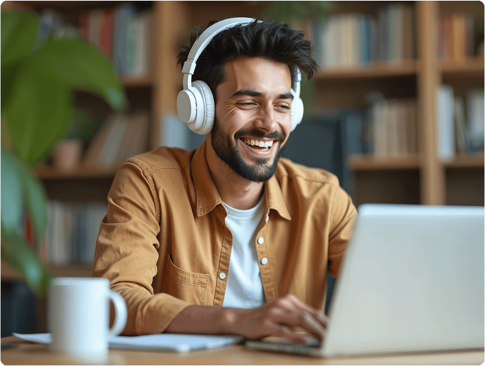 Junger Mann mit Kopfhörern, der entspannt an einem Laptop arbeitet, quer durch das Büro oder Home-Office.