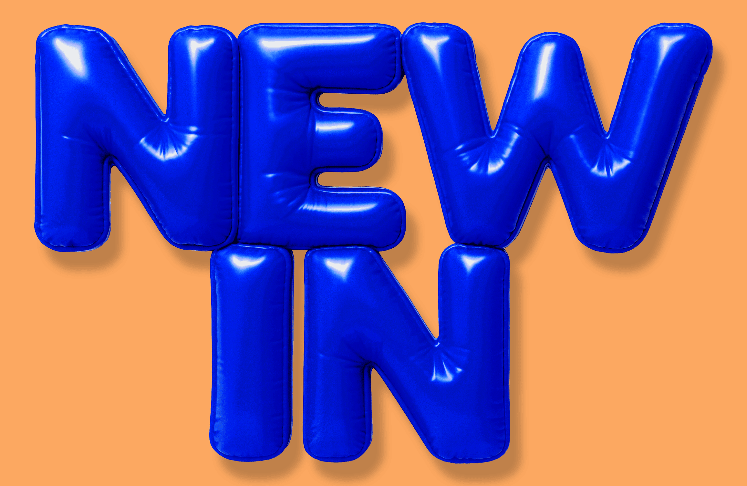 Blaue Luftballons, die die Worte "NEU" bilden, vor orangenem Hintergrund, ideal für Produktneuheiten und Verkaufsförderung, auffälliges designelement für Marketing und Werbung.