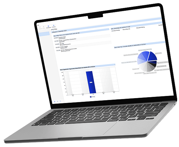 Datenanalyse-Software auf einem Laptop mit Balken- und Tortendiagrammen, für effiziente Geschäfts- und Finanzberichterstattung.